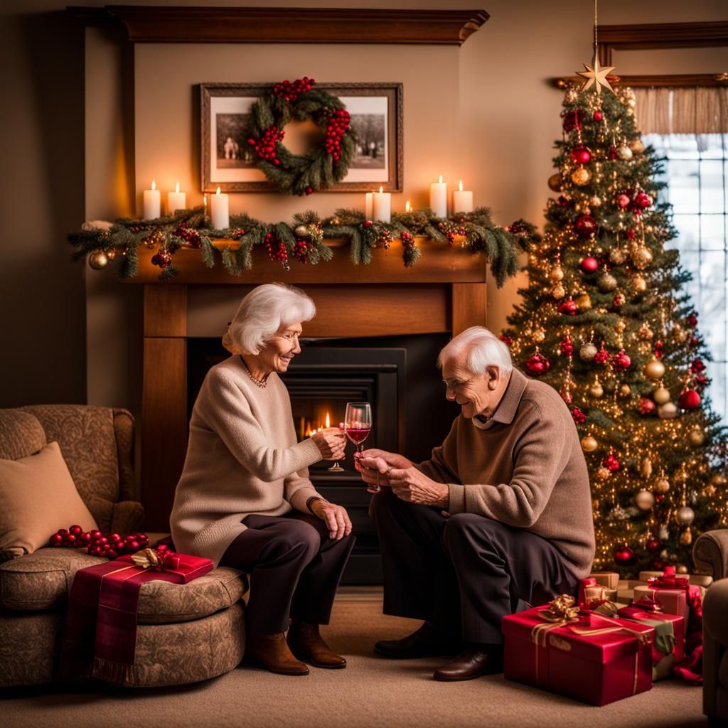 Cozy Christmas: Elderly Couple Enjoying Holiday Wine