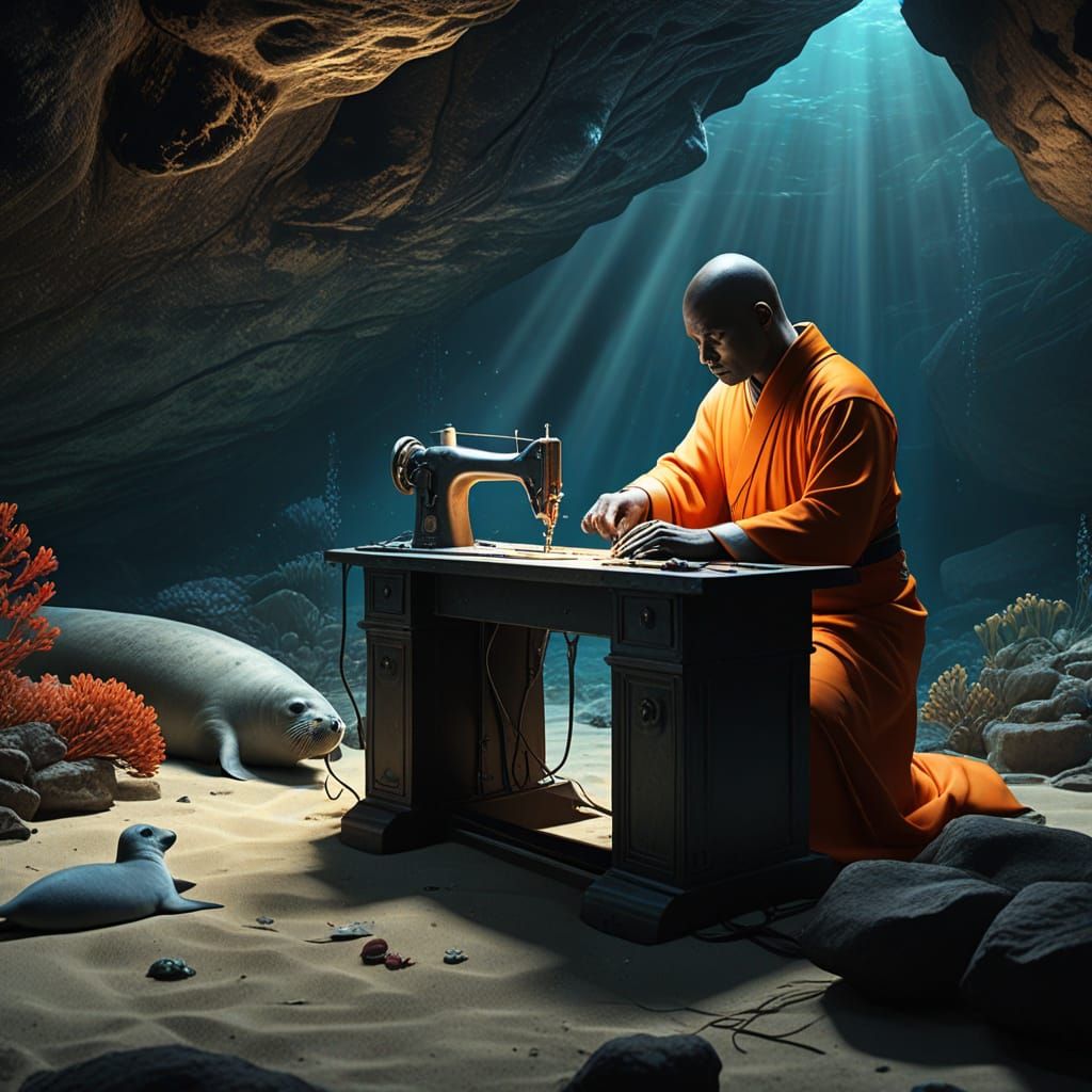 Monk Seal Sewing Dress in Bioluminescent Underwater Cave