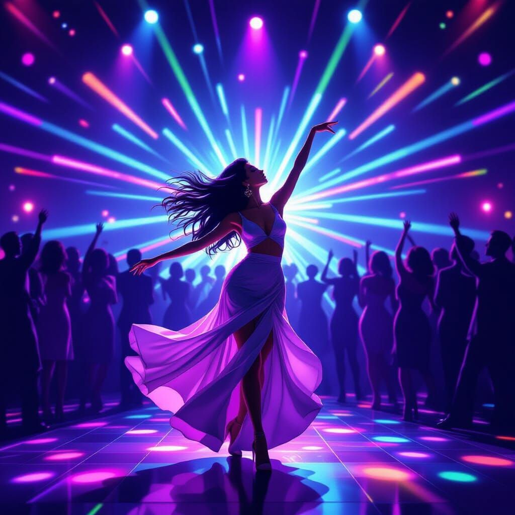 Woman Dancing in Discotheque with Silhouetted Crowd