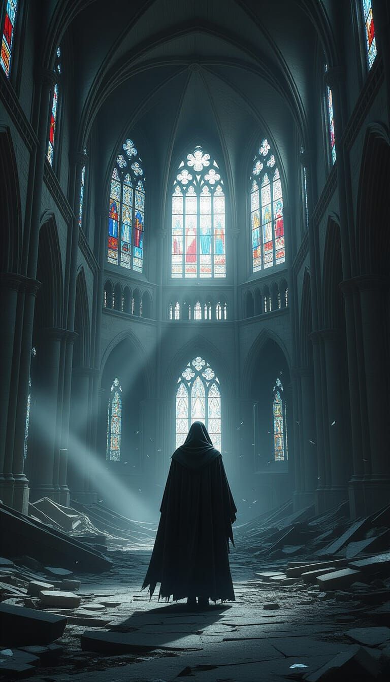 A lone, spectral figure drifts through the ruins of a once-g...