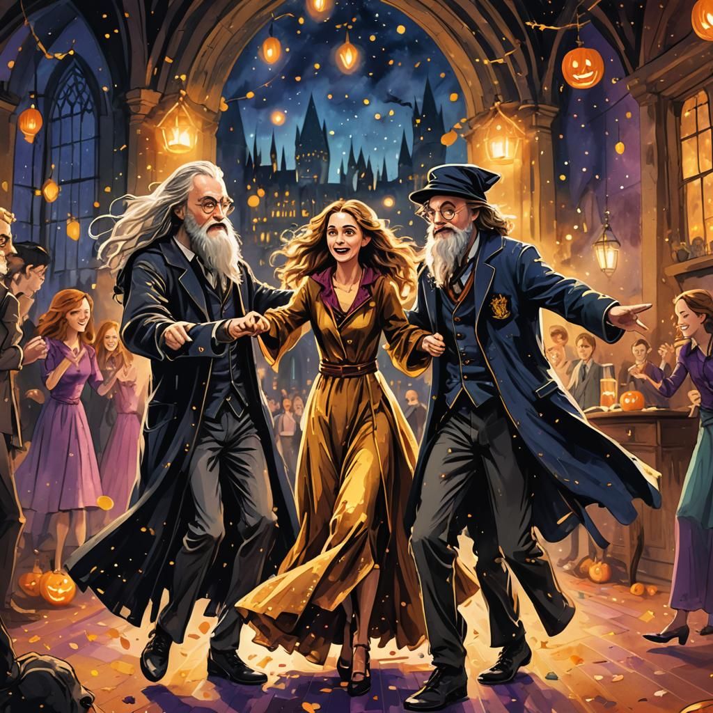 Harry Potter Halloween Dance as Quentin Blake Illustration