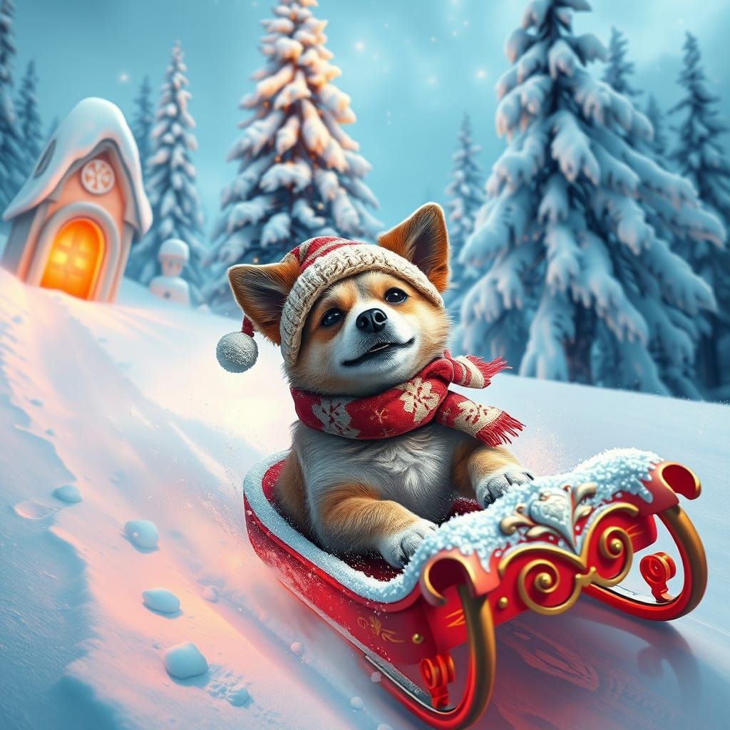 Magical Winter Wonderland Scene of a Dog Sliding on a Sledge