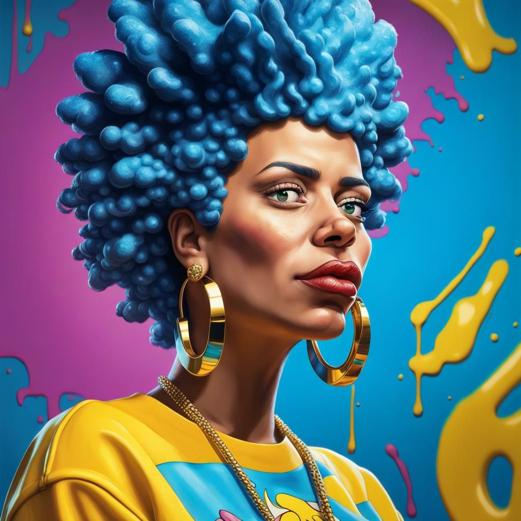 detailed Marge Simpson dressed in the style of hip hop, hoop earrings, Hyperrealistic, splash art, concept art, intrica...