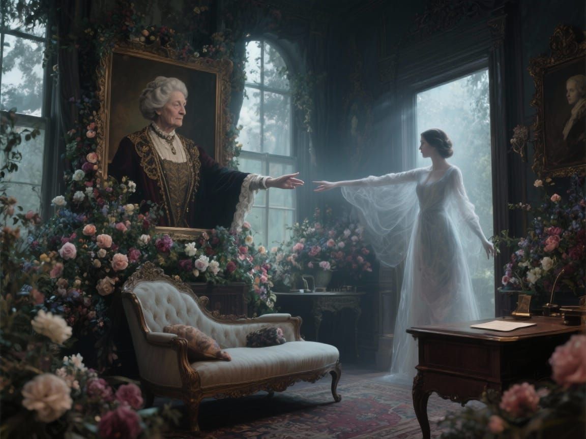 Victorian Parlor With Ethereal Doppelganger Portrait