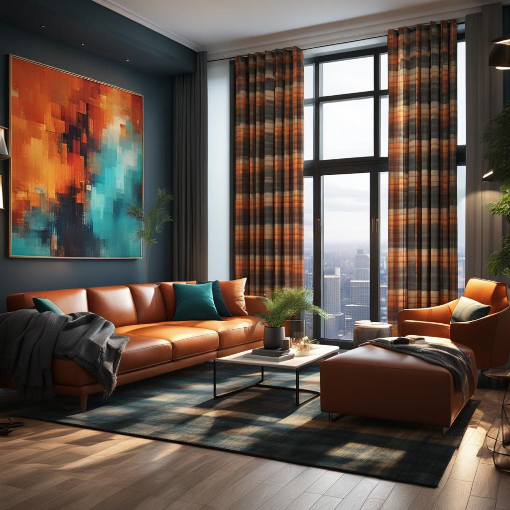 Modern Apartment with Black Plaid Curtains in 8K