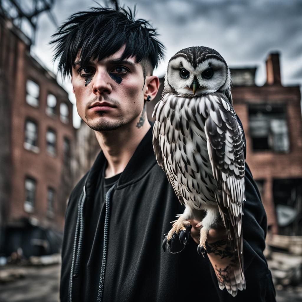 Cursed Goth Man with Owl in New York: Photography