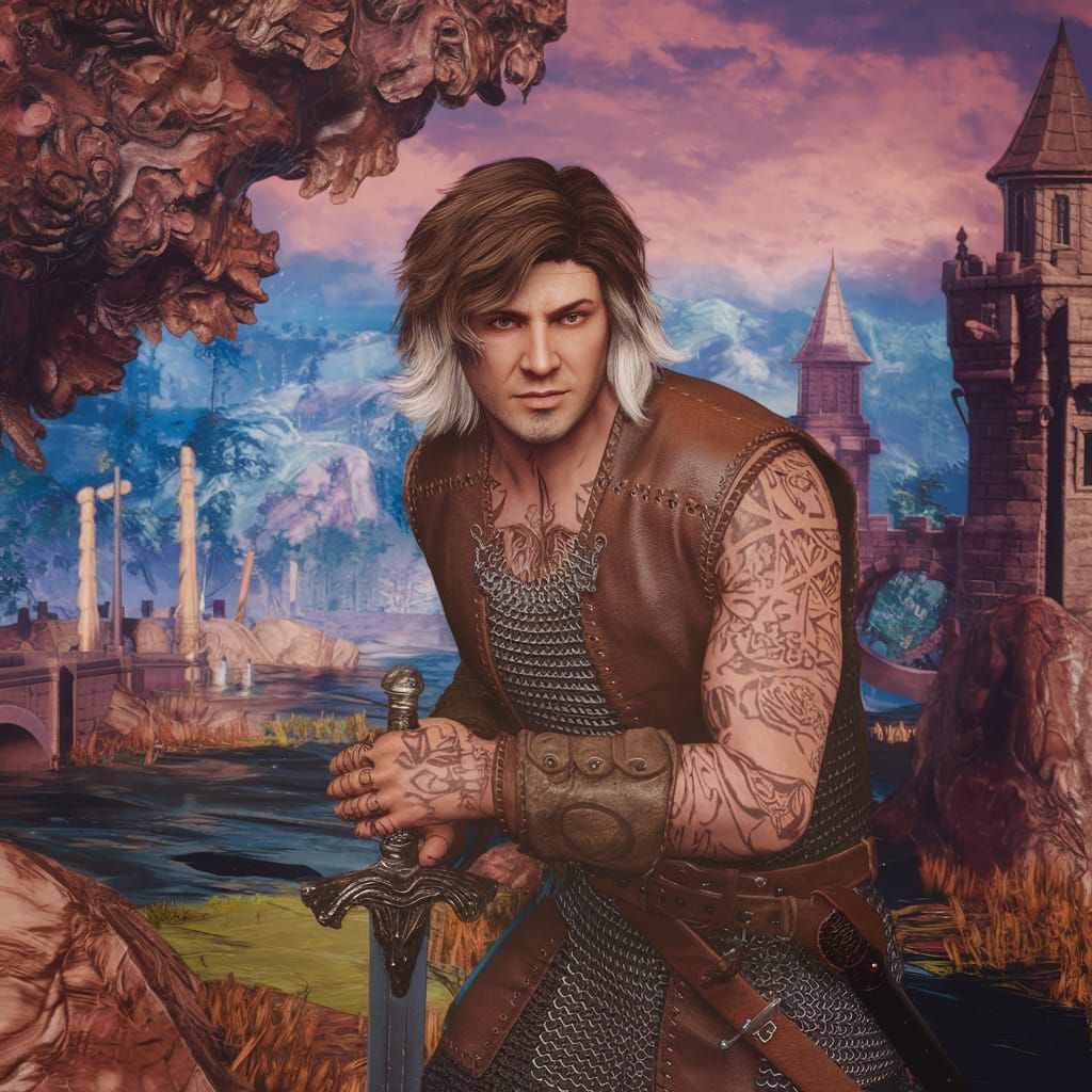 Fantasy Warrior with Sword in Detailed Landscape