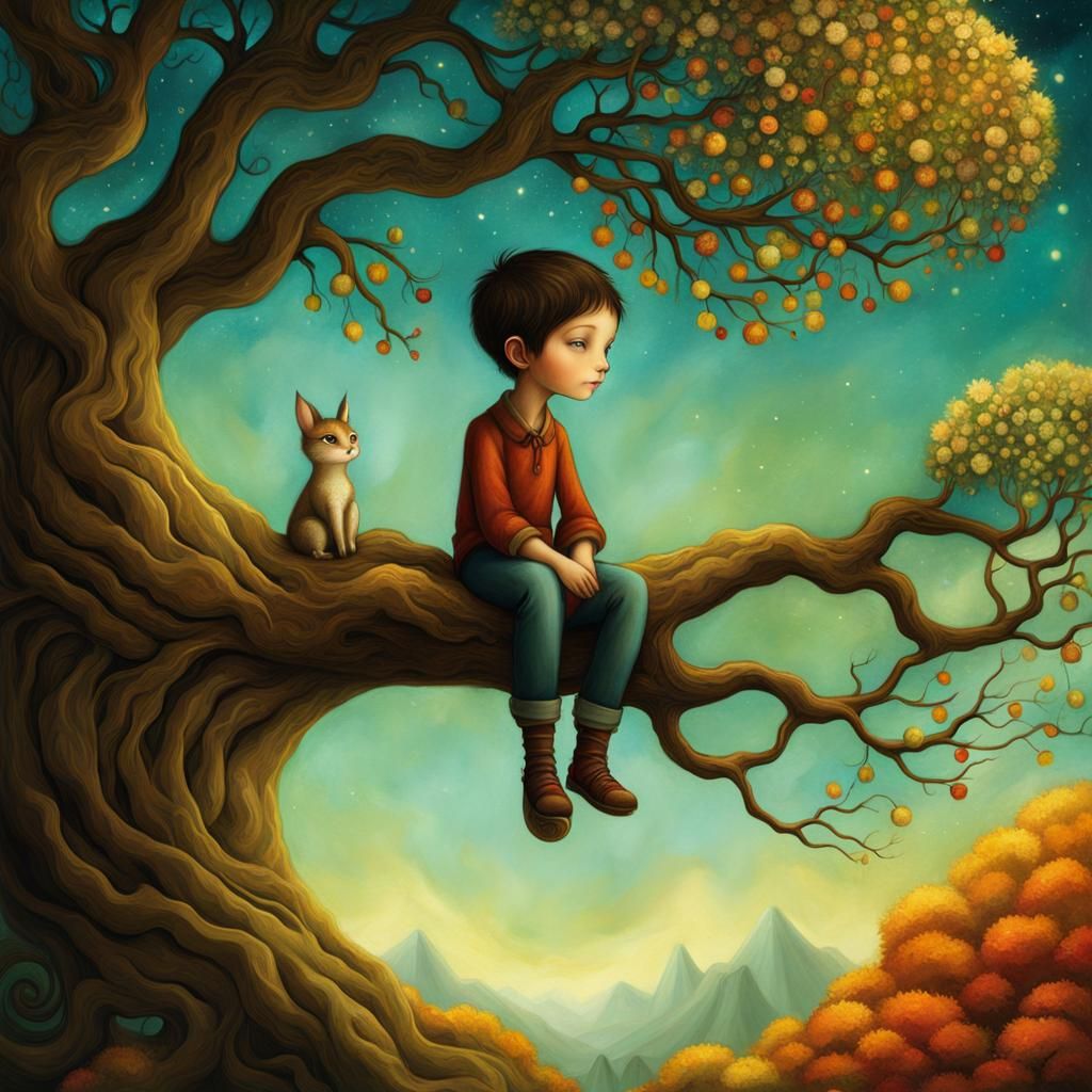 Boy in Tree: Digital Painting Illustration