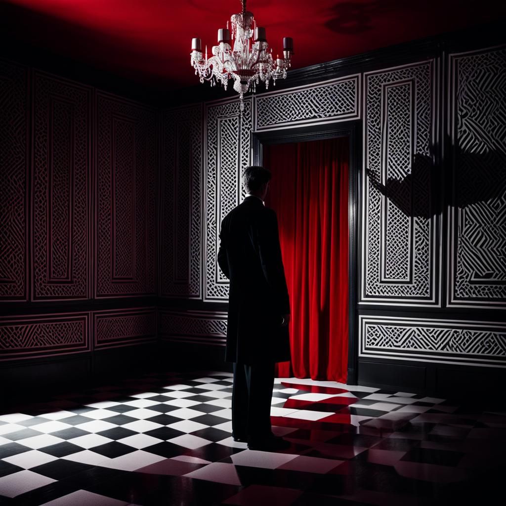 German Expressionist Figure in Red Velvet Room