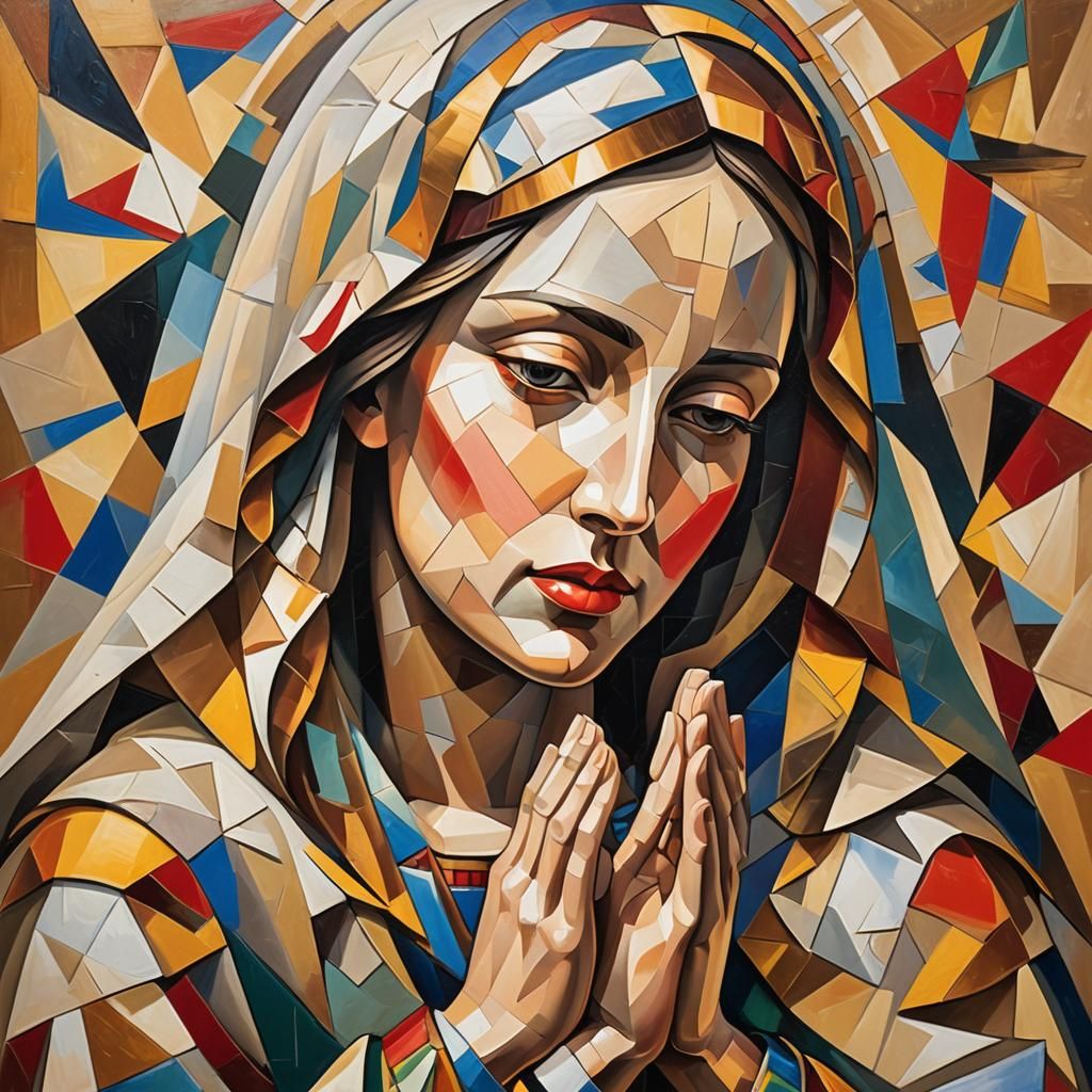 Cubist Virgin Mary Prayer in Geometric Environment
