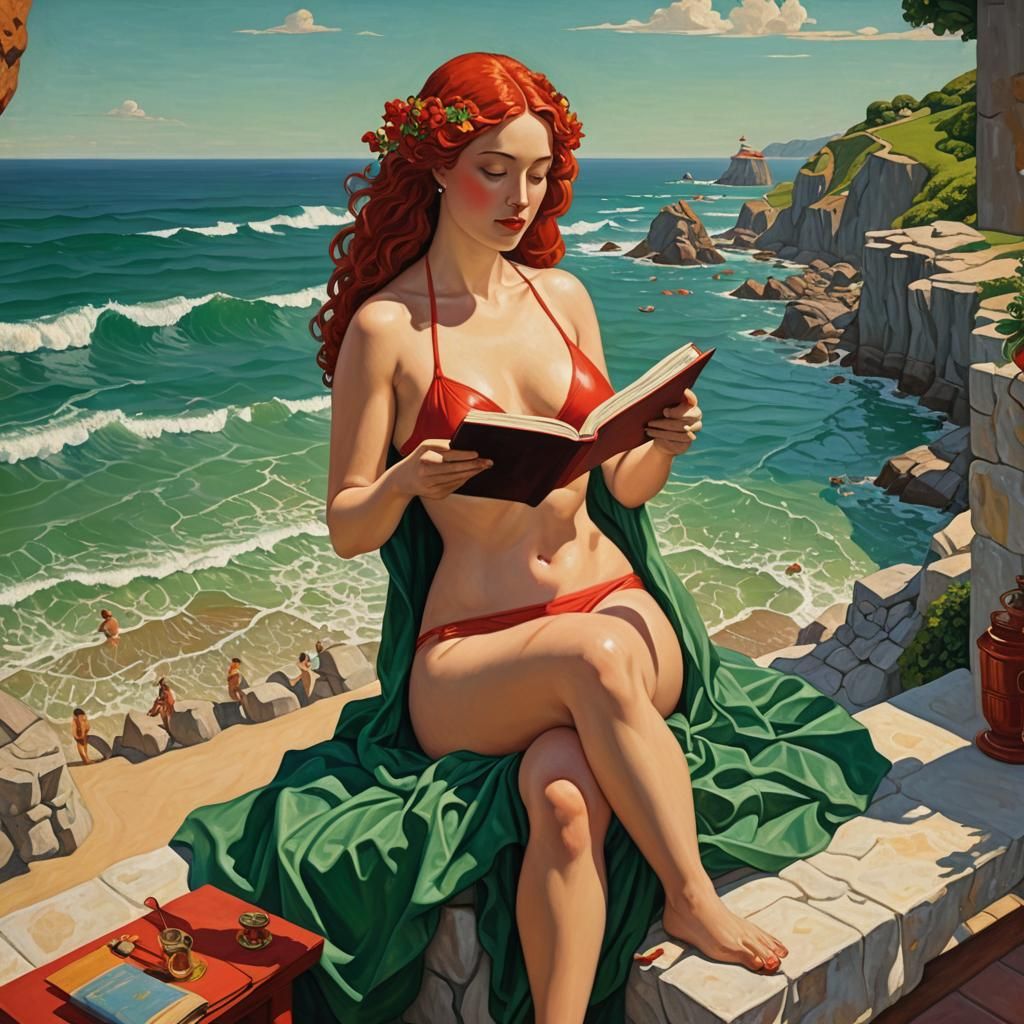 Impasto painting by Fernando Botero and Klimt of a red woman...