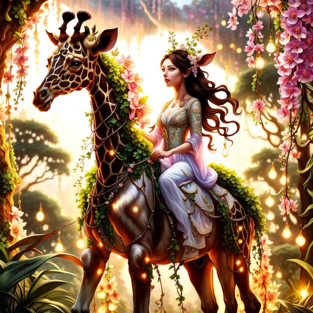 Baby Dryad on Giraffe in Backlit Forest