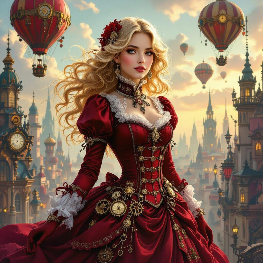 Victorian Lady with Hot Air Balloons in Steampunk Cityscape