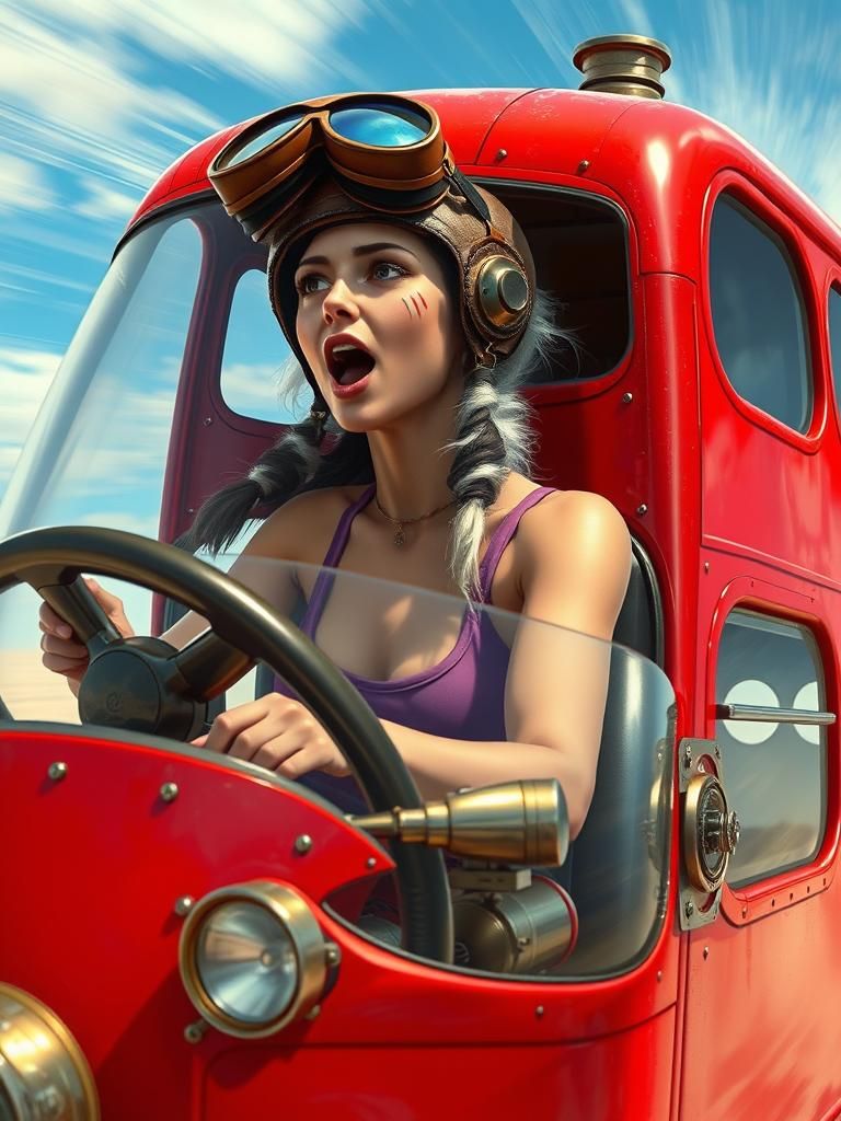 Steampunk Flying Bus with Female Pilot