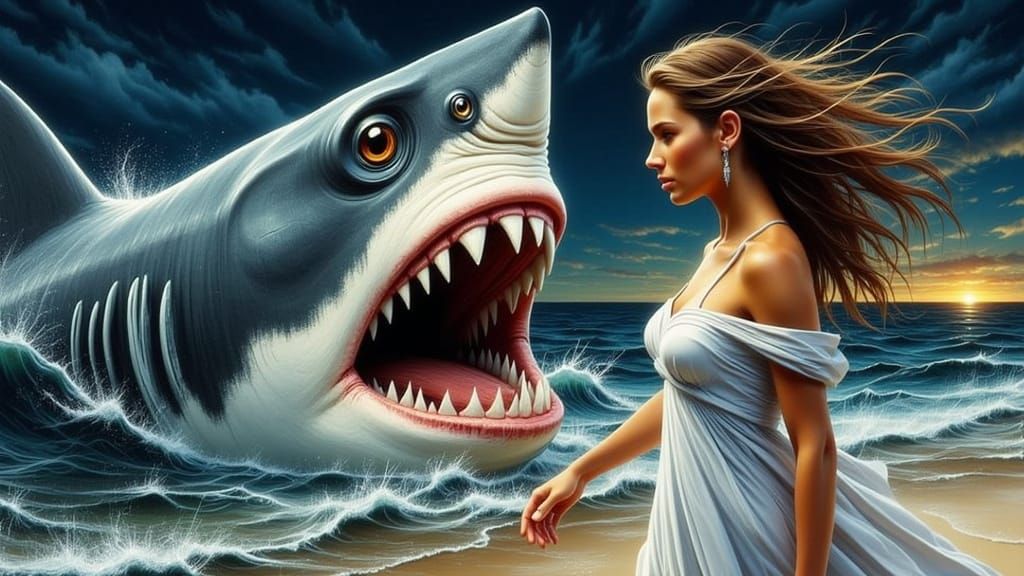 use the composition, clothing and facial expressions from the second start image. replace the man with the female from t...