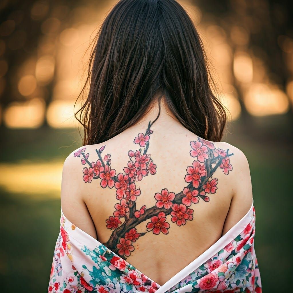 Woman with Cherry Blossom Tattoo in Soft Focus