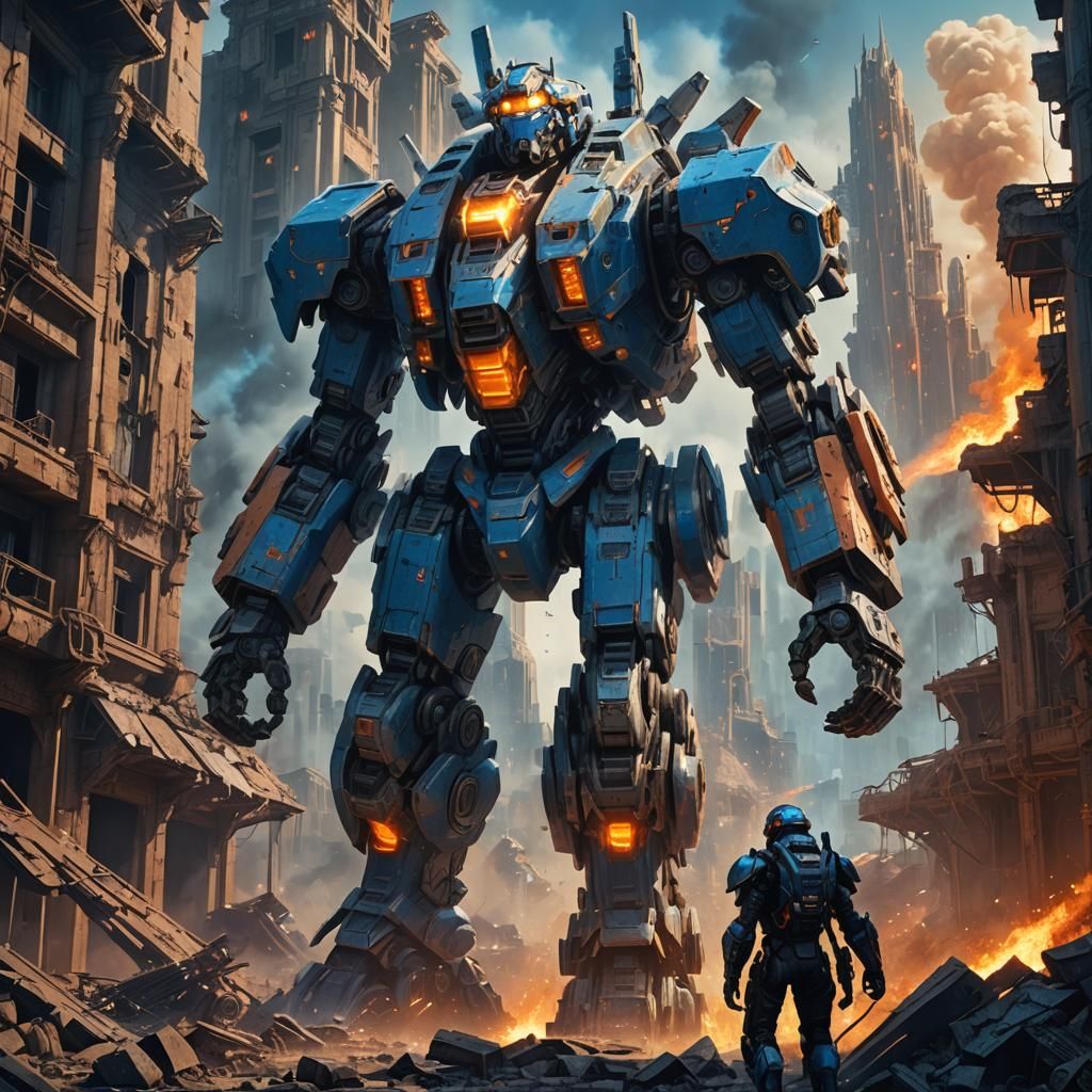 Victorious Mech Dominates a War-Torn Metropolis in Cinematic...