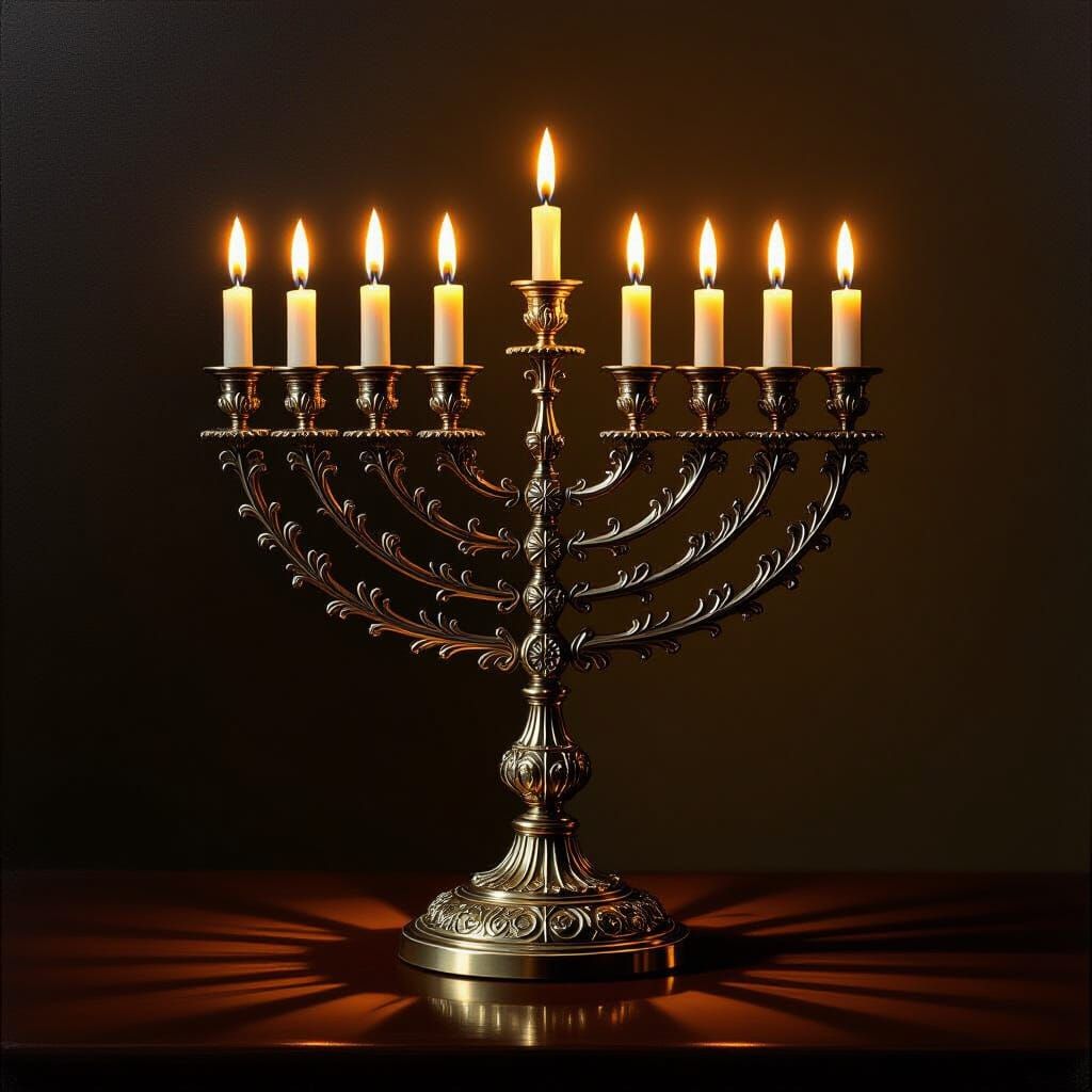 Intricate Silver Hanukkah Menorah in Oil Painting Style