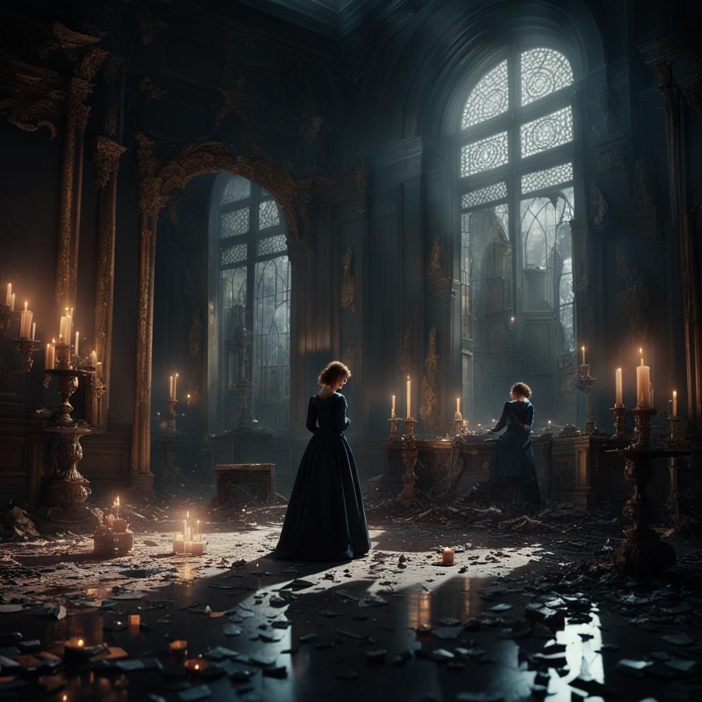 Sorrowful Figure in Baroque Castle Ruins