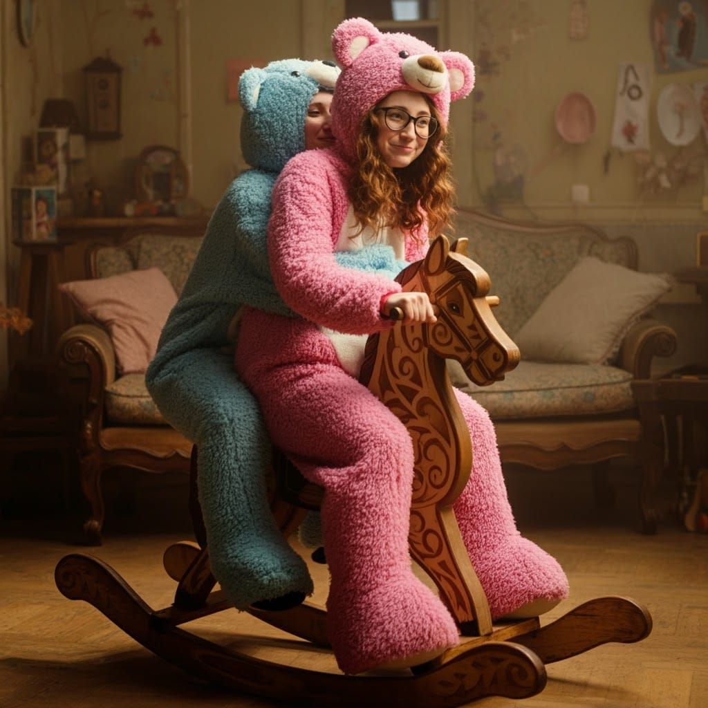 Sisters in Teddy Bear Costumes Ride Rocking Horse