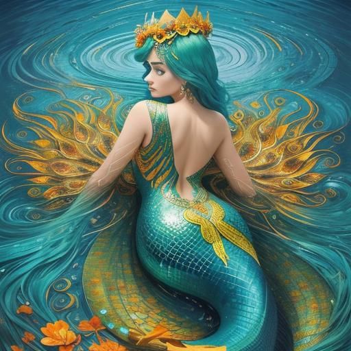 Peacock Mermaid in Klimt Mosaic Style