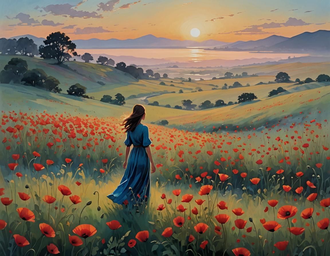 Crimson Poppies at Dawn: A Tranquil Meadow Scene