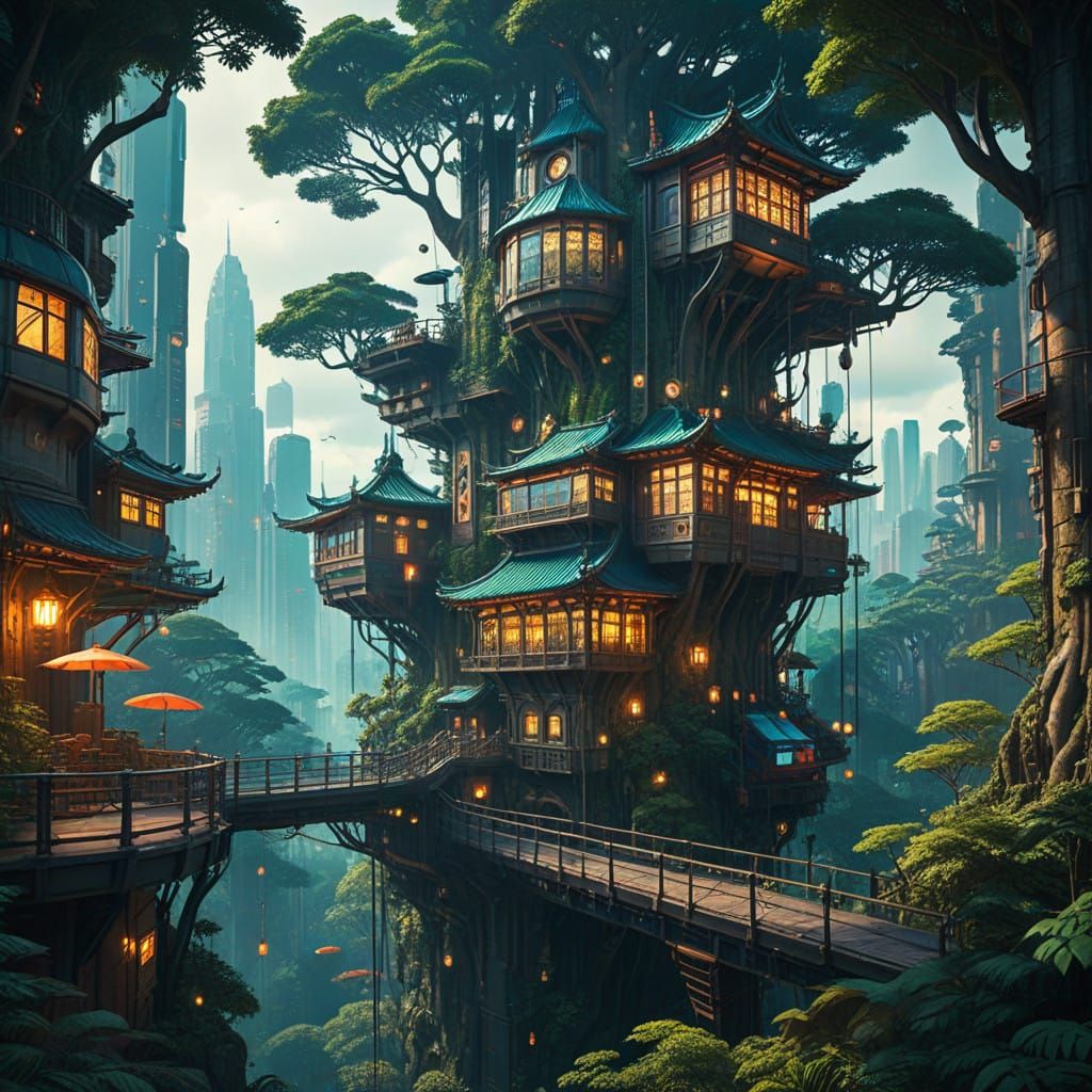 Surreal Solarpunk Treehouse City in Dreamlike Harmony