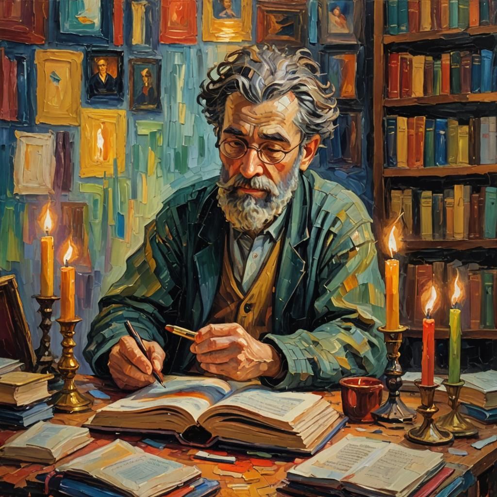Philosopher at Desk in Expressionist Impasto Painting