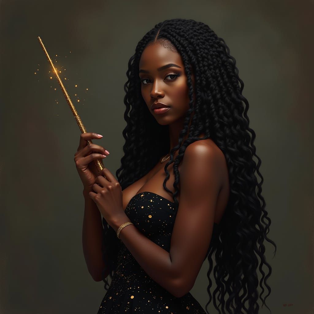 Confident Woman with Wand in Realistic Style