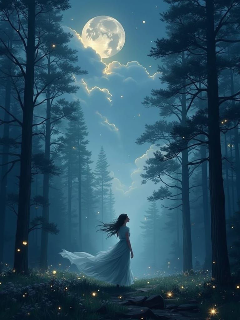 Serene Woman in Mystical Moonlit Forest, Celestial Canvas