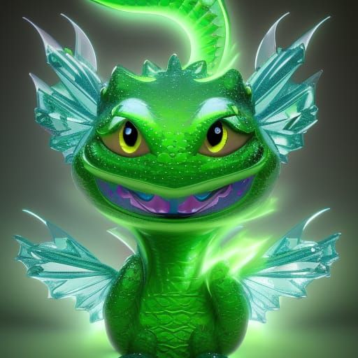 Cute Green Dragon with Crystalline Candy, 3D Render
