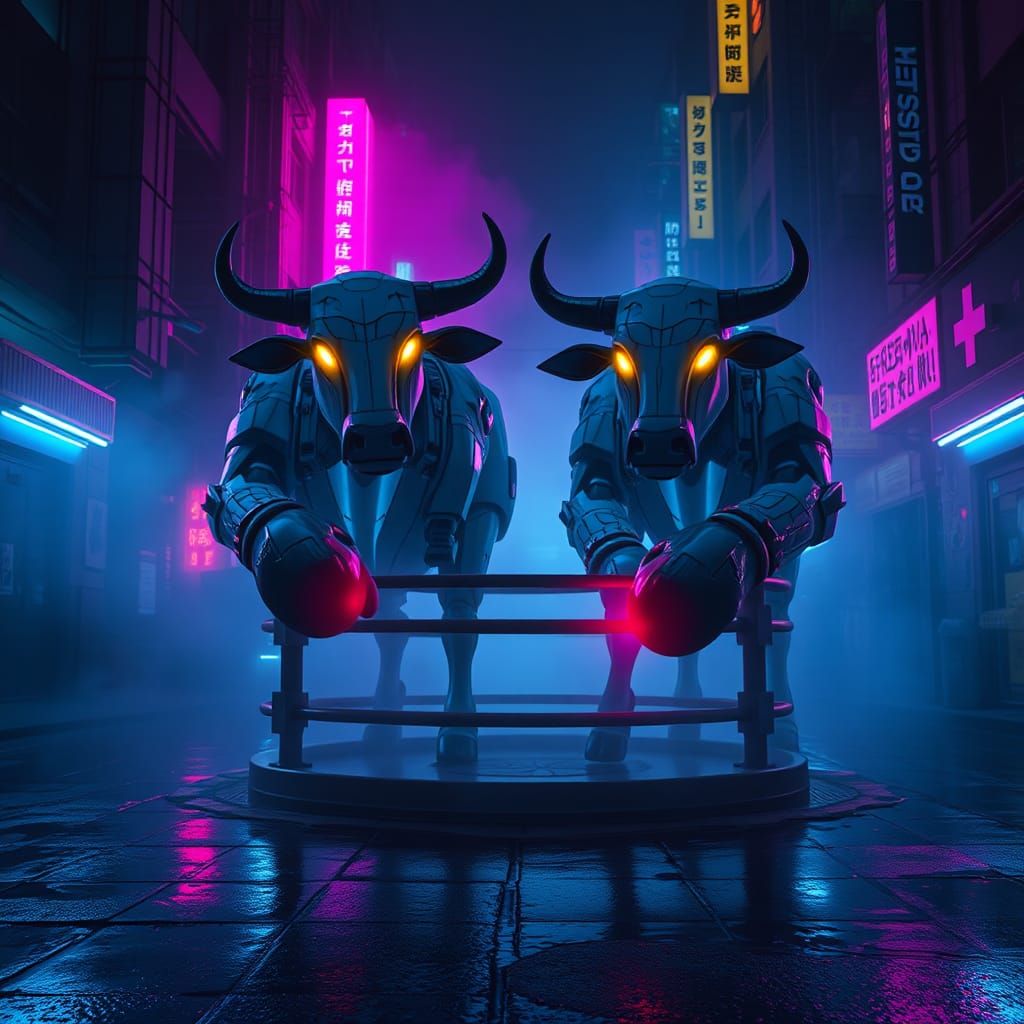 Cyberpunk Mecha Cows Boxing in Dystopian City