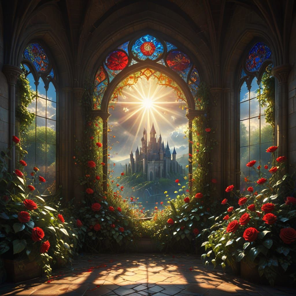 Stained Glass Castle Window with Sunbeams and Floral Vines