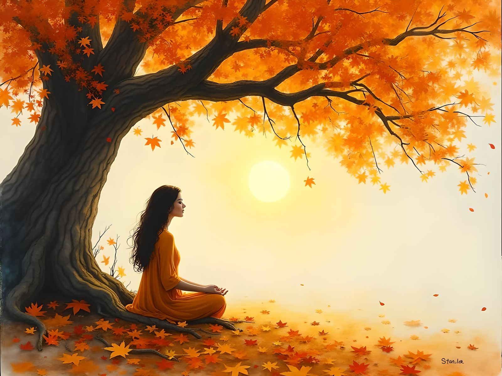 Mystical Woman Meditating Under Autumn Tree Watercolor