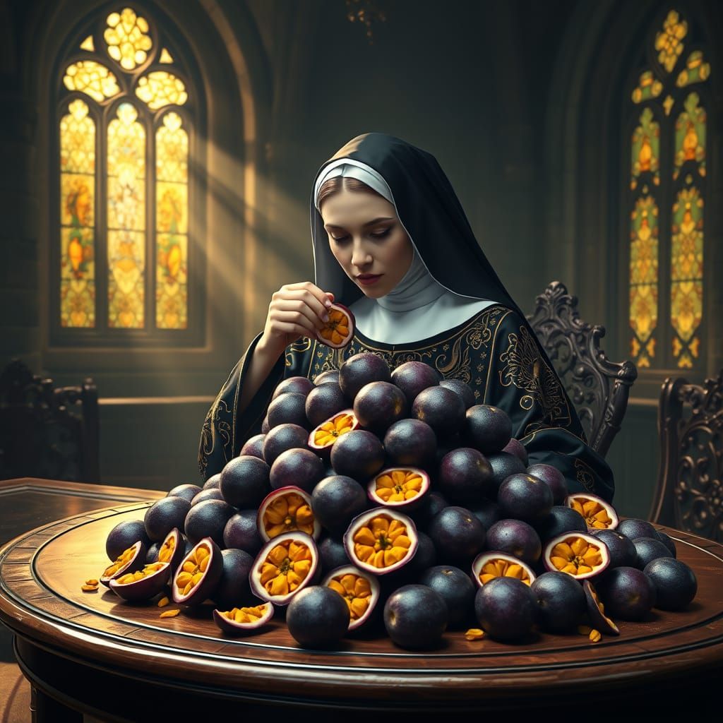Dark Fantasy Nun Indulges in Passionfruit Feast
