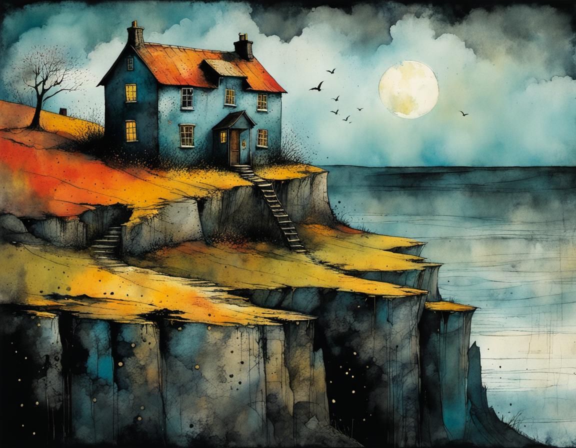 Darling House on Cliff Edge: Gritty Watercolor Fantasy