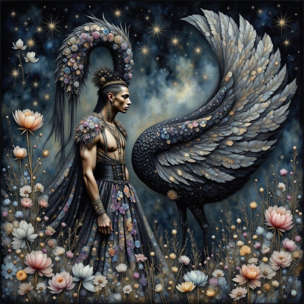 Goth Man in Rococo Gown with Black Swan