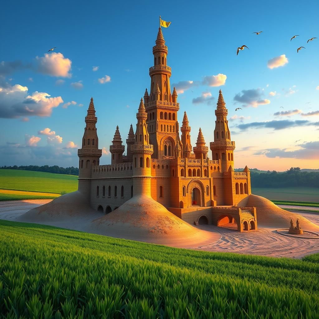 Giant Sandcastle in Emerald Farmland, Dreamlike Landscape