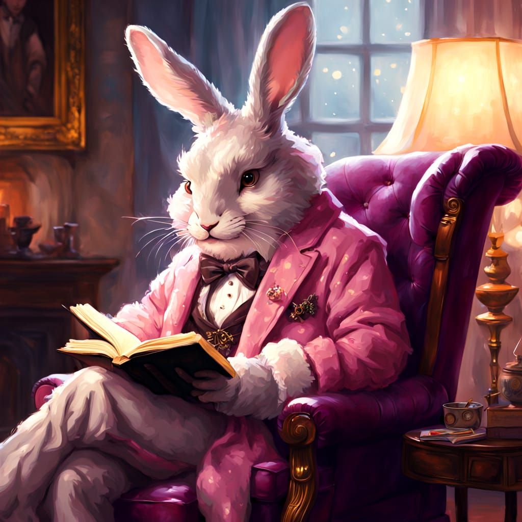 An anthropomorphic rabbit in a velvet smoking jacket and trousers sits in a cozy armchair, reading a leather-bound book ...