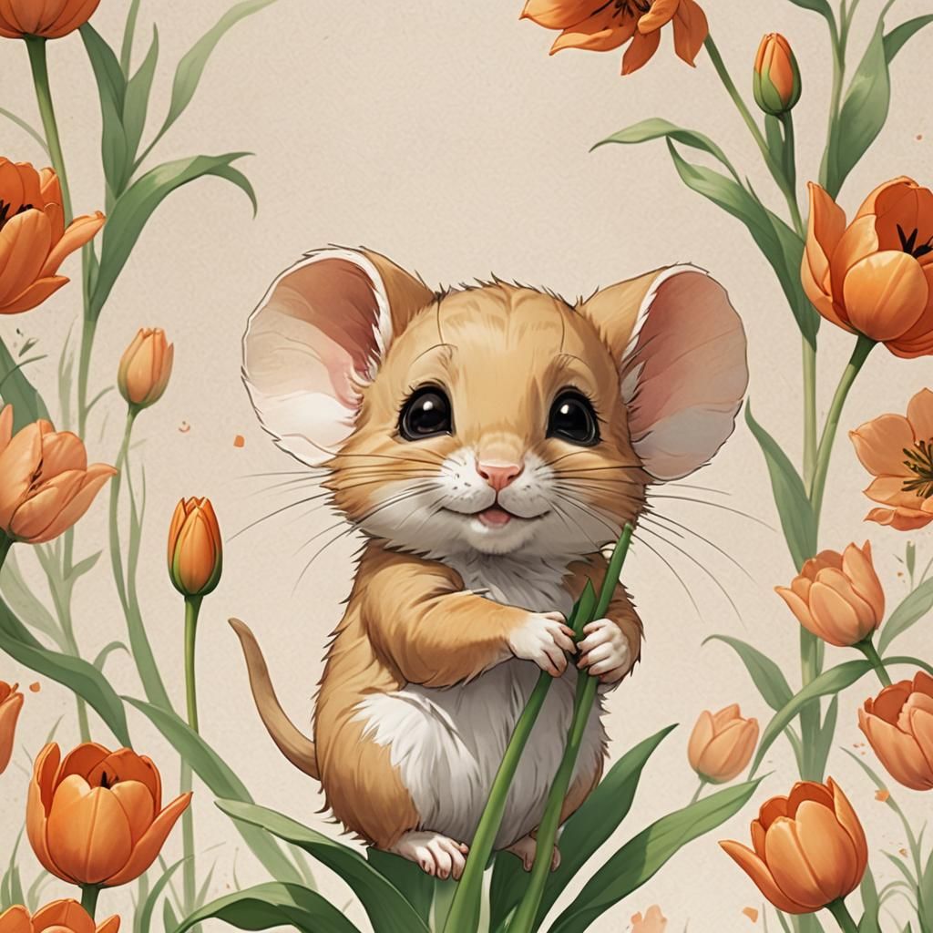 Cute Chibi Dormouse with Tulip in Anime Style