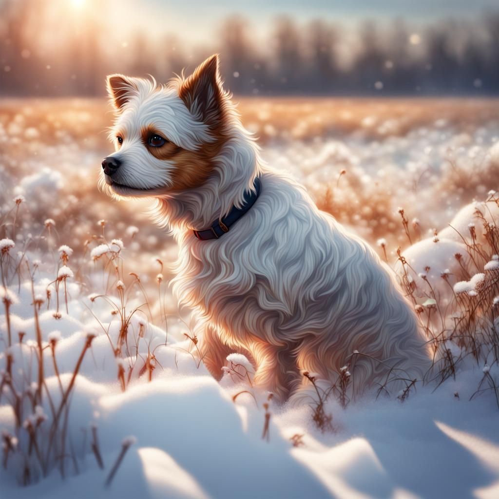 Hyperrealistic Dog in Snowy Field Concept Art