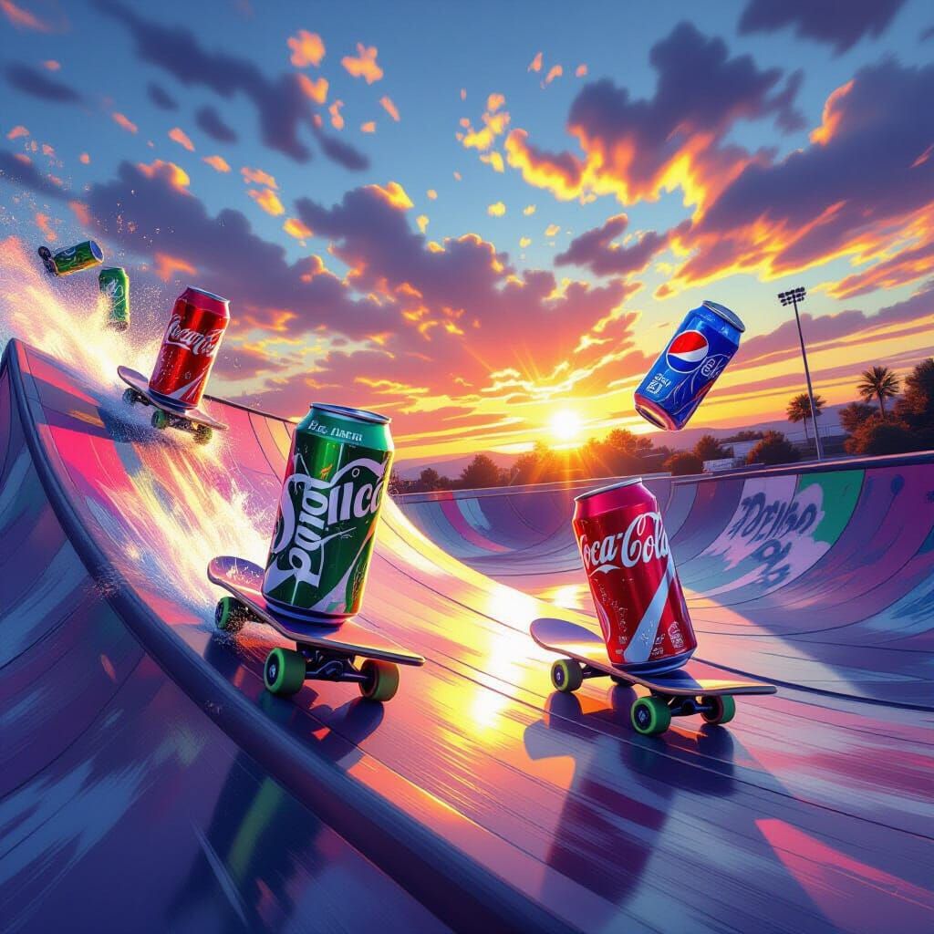 Soda Cans Skateboarding in a Vivid Sunset
