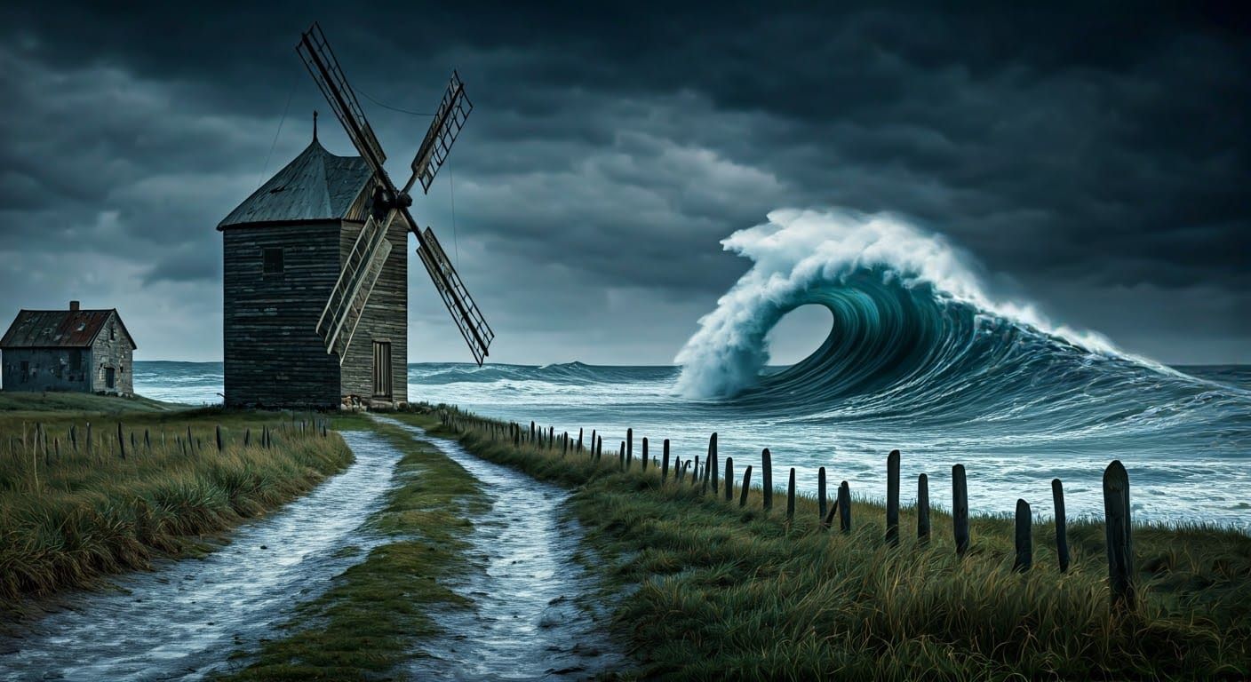 Twilight Coastal Village with Windmill in Gothic Style