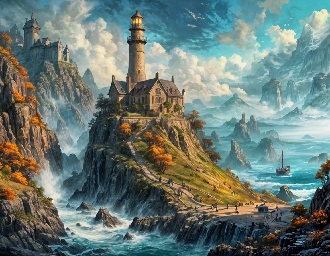 Lighthouse on Hill in Fog, Fantasy Art