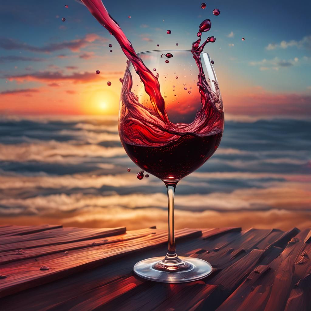 Sunset Red Wine Glass: Hyperrealistic Splash Art