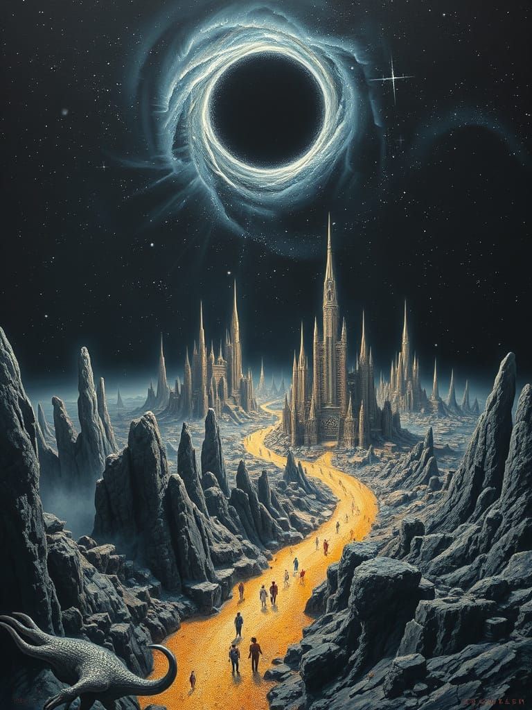 Surreal Cityscape on Stardust River as Oil Painting