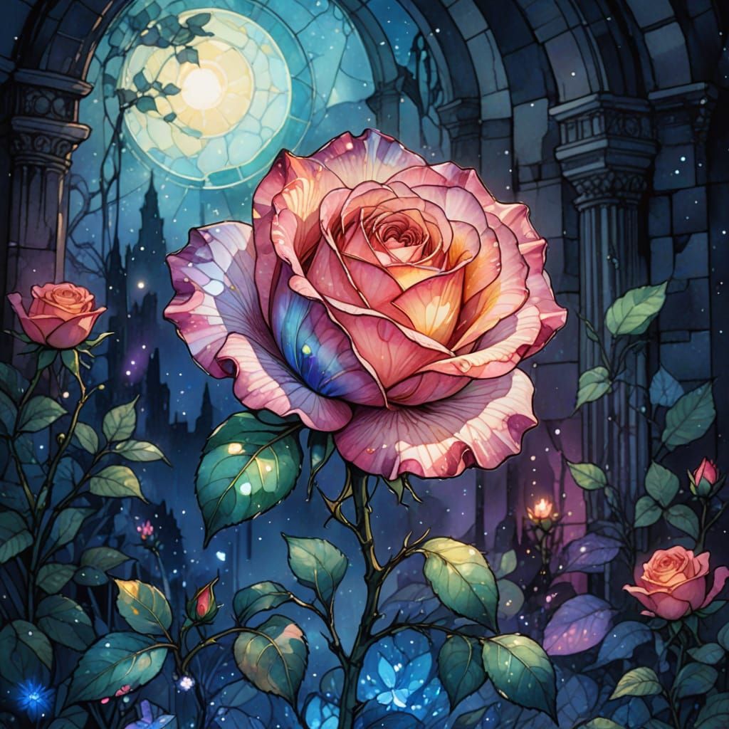 Magical Stained Glass Rose: Manga Style Illustration