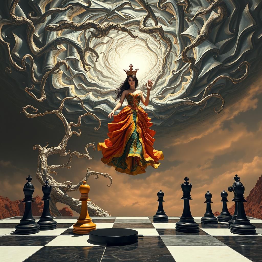 Chess Queen in Surreal Landscape, Salvador Dali Style
