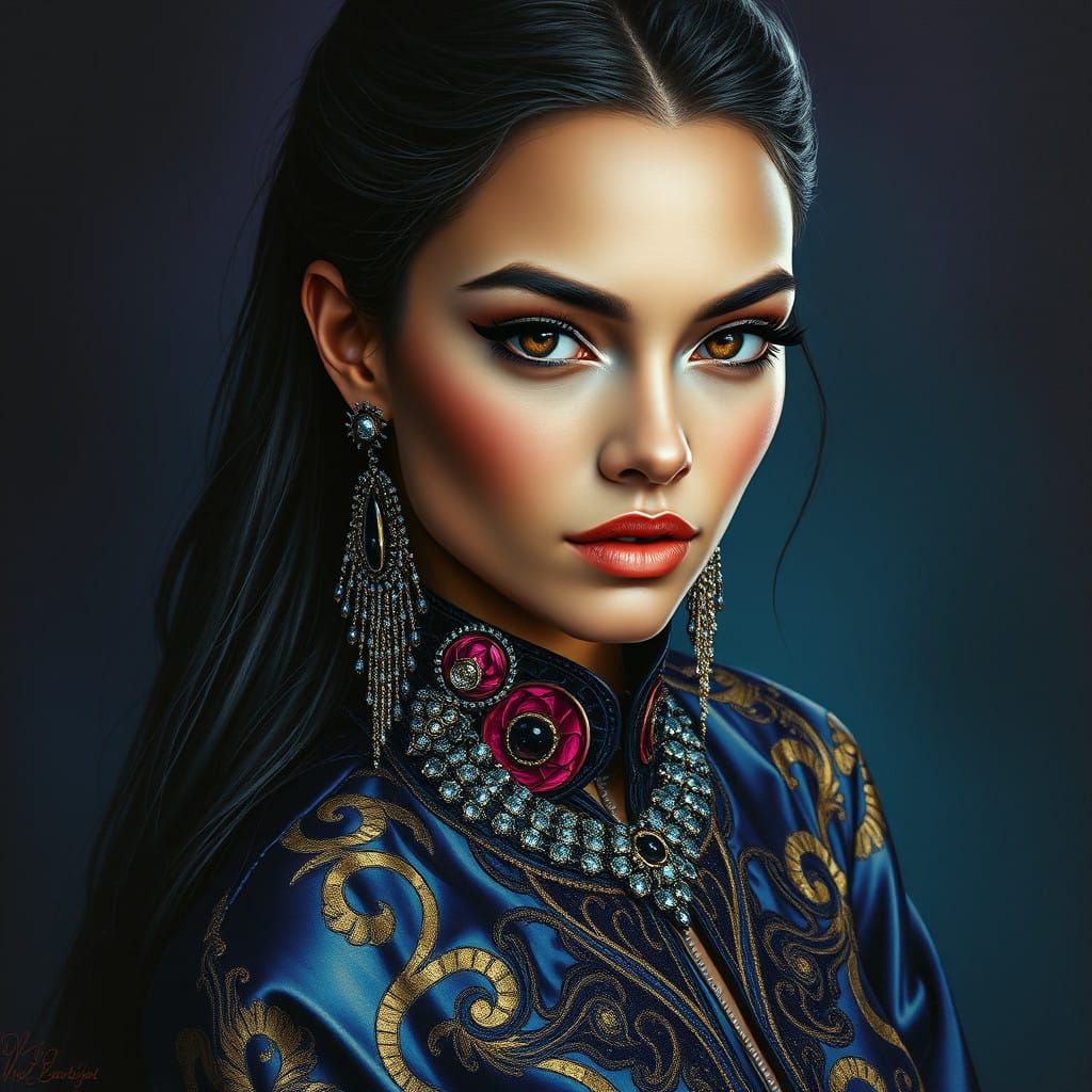 Surreal Hyperrealistic Portrait of a Woman in Iridescent Sil...