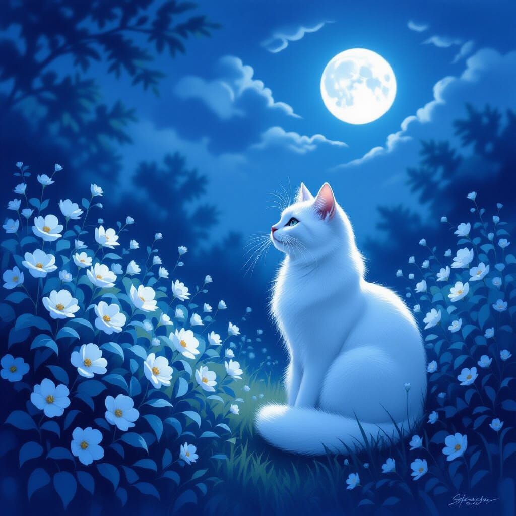 White Cat in Moonlit Garden at Blue Hour